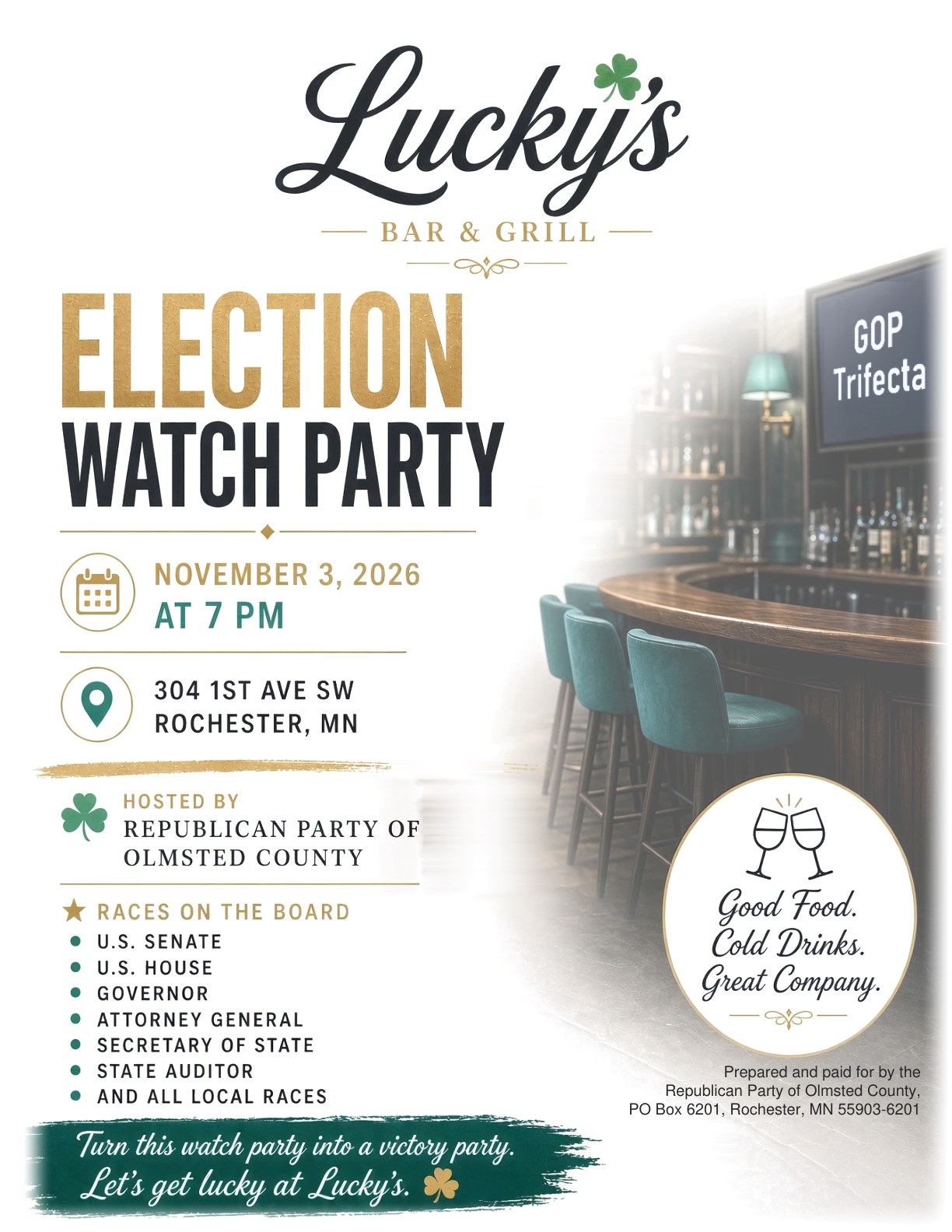 Flyer: Election watch party at Lucky's Bar & Grill, 304 1st Ave SW, Rochester, November 3, 2026 at 7 p.m., hosted by the Republican Party of Olmsted County